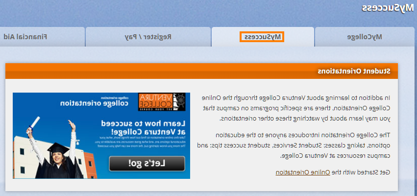 Access Orientation by clicking on the MySuccess Tab